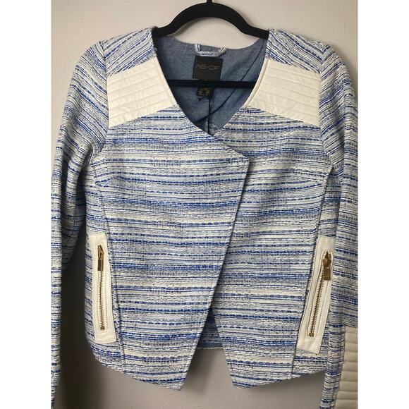 AS BY DF JACKET XS BLAZER GOLDIE BLUE CHAMBRAY MARLED IVORY WHITE LEATHER - Picture 11 of 15